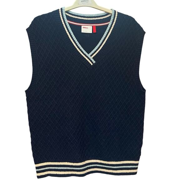 Wilson Tennis Men’s Sweater Vest Large Varsity Stripe Preppy Academia Navy Multi - Picture 1 of 7